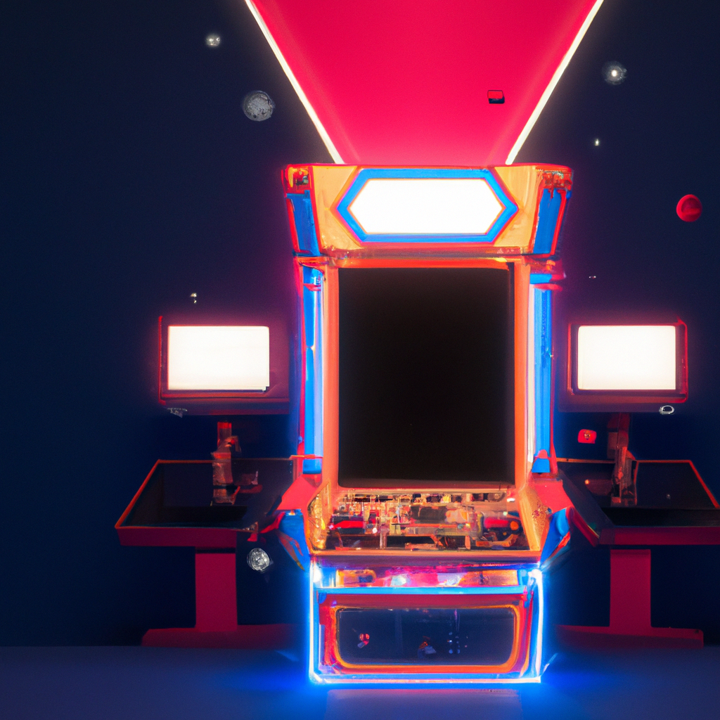 ArcadeForge hero artwork: neon arcade cabinet and HUD overlays